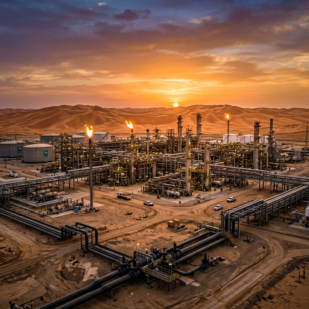 Saudi Arabian OPEC pipeline hub refinery industrial layout sunset