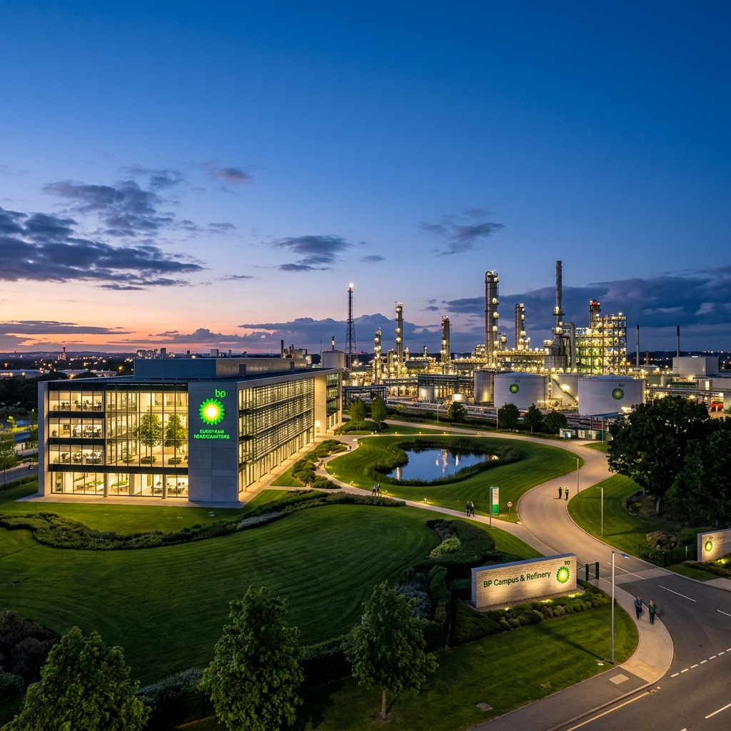 BP corporate headquarters logo and modern refinery plant landscape twilight