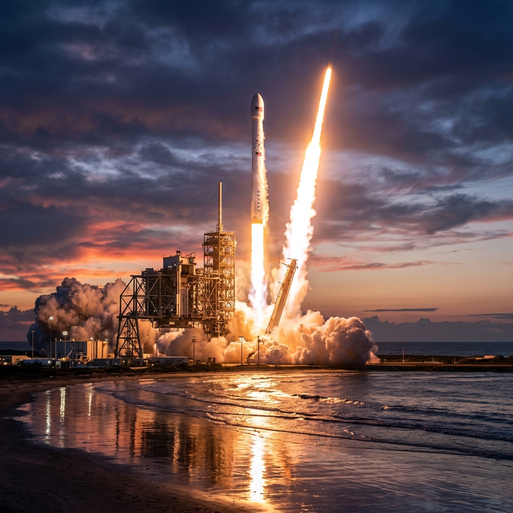 SpaceX Falcon 9 rocket launch from coastal launchpad twilight fire smoke