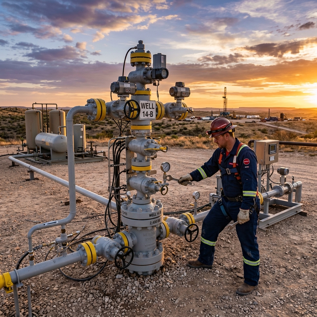 Permian Basin oil wellhead metering valves pressure gauge worker
