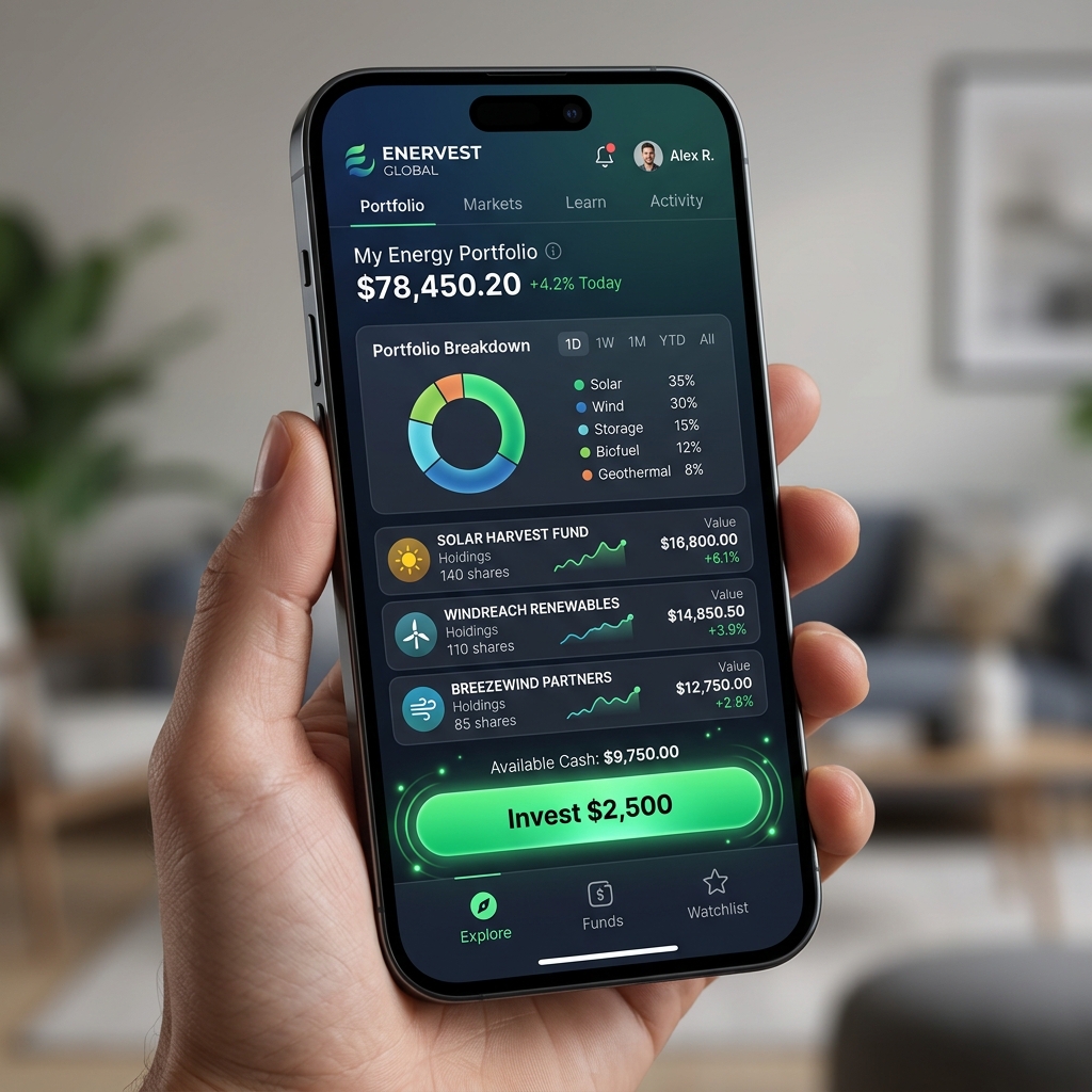 Mobile investment app dashboard with green invest button