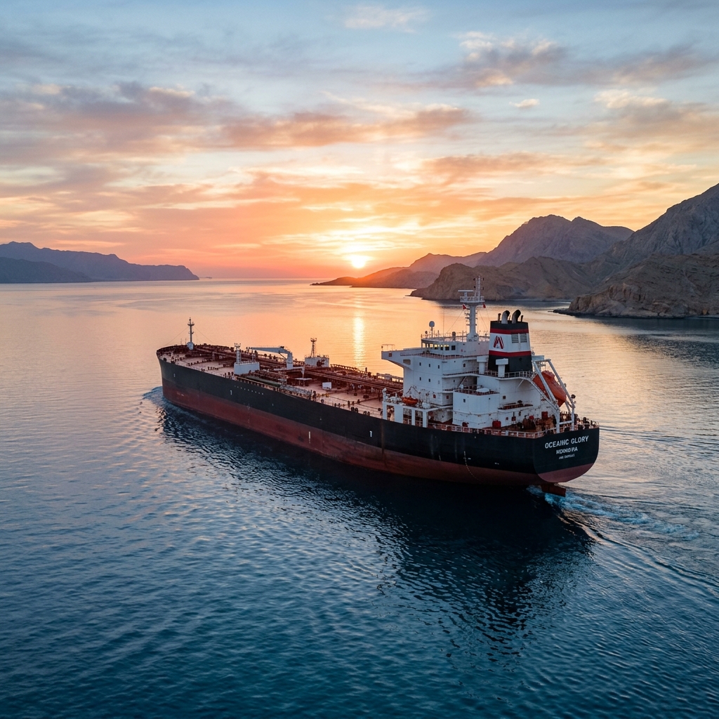 Massive oil tanker traveling through the Strait of Hormuz at sunrise