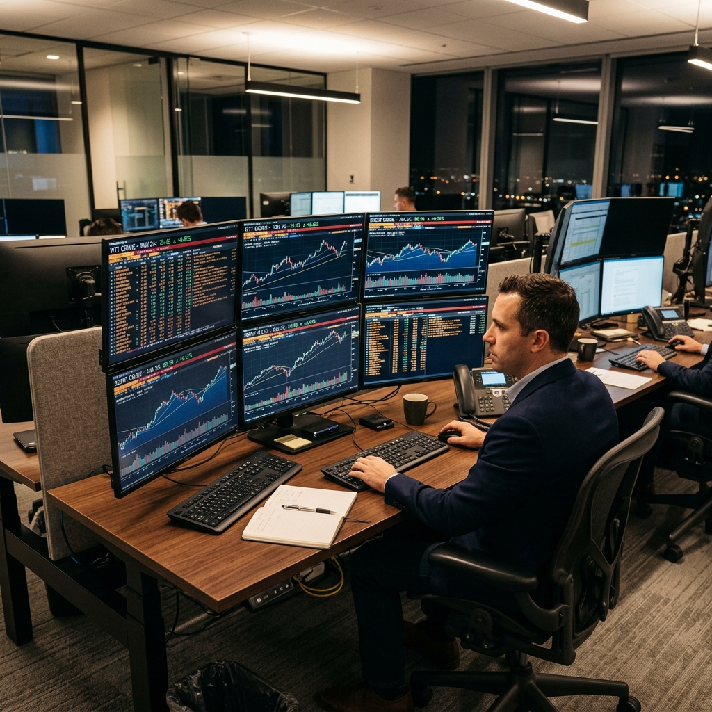 Professional energy trading desk Brent WTI crude price charts