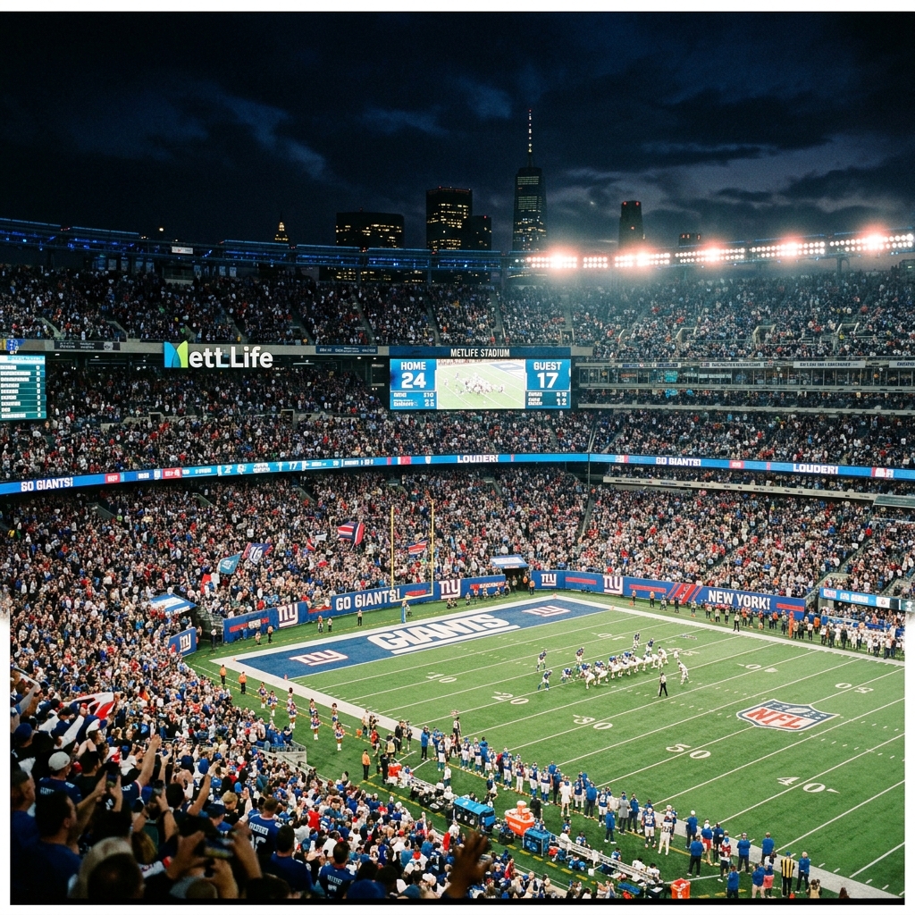 MetLife stadium American football game packed crowd night lights