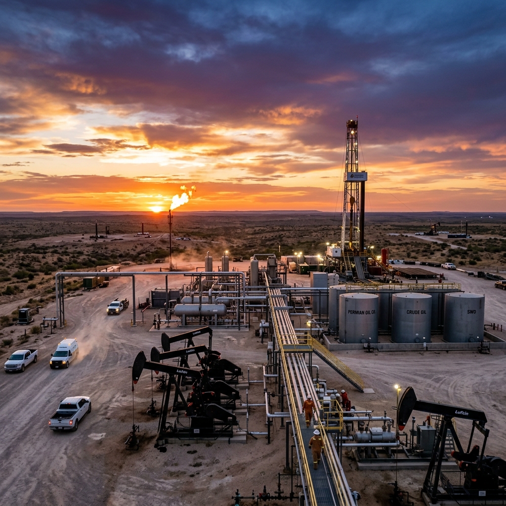 Modern ConocoPhillips Permian Basin drilling site oil facility sunset