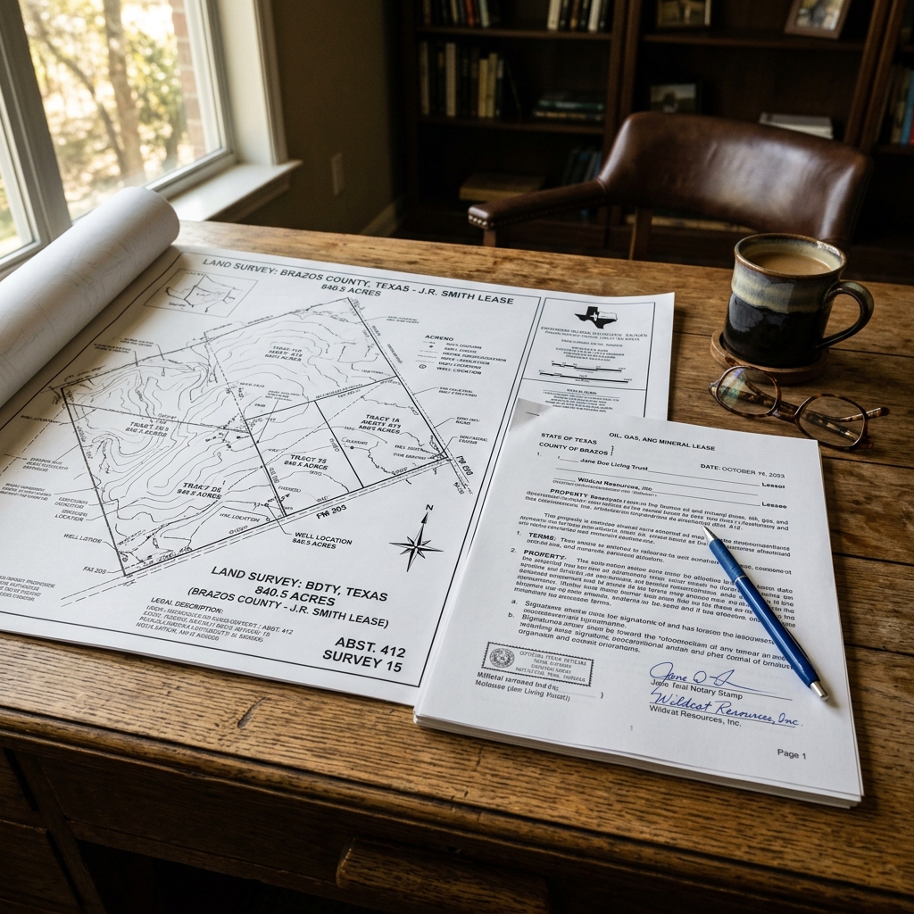 Texas oil lease agreement document land survey map desk glasses