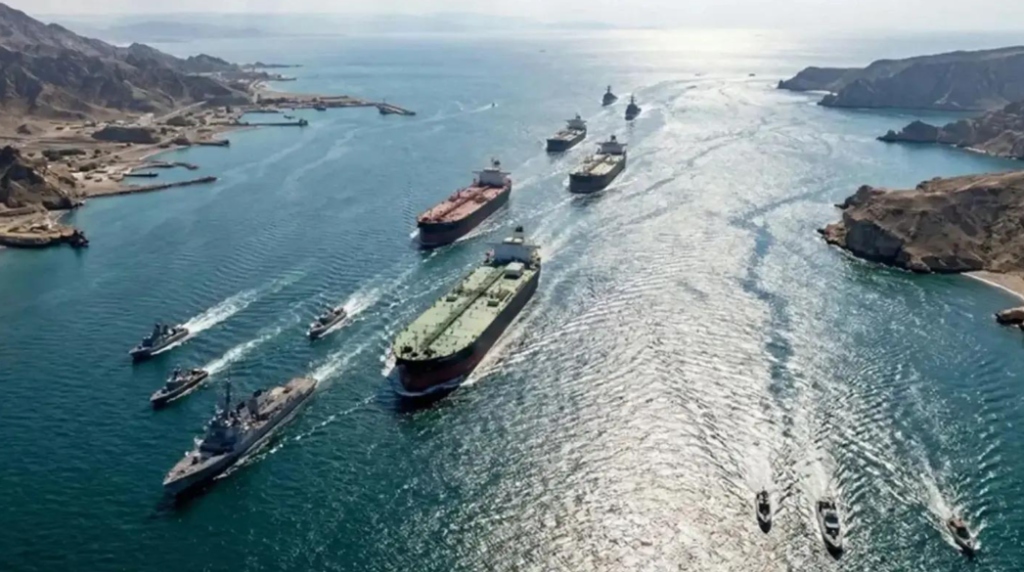 Supertanker convoy in shipping lanes