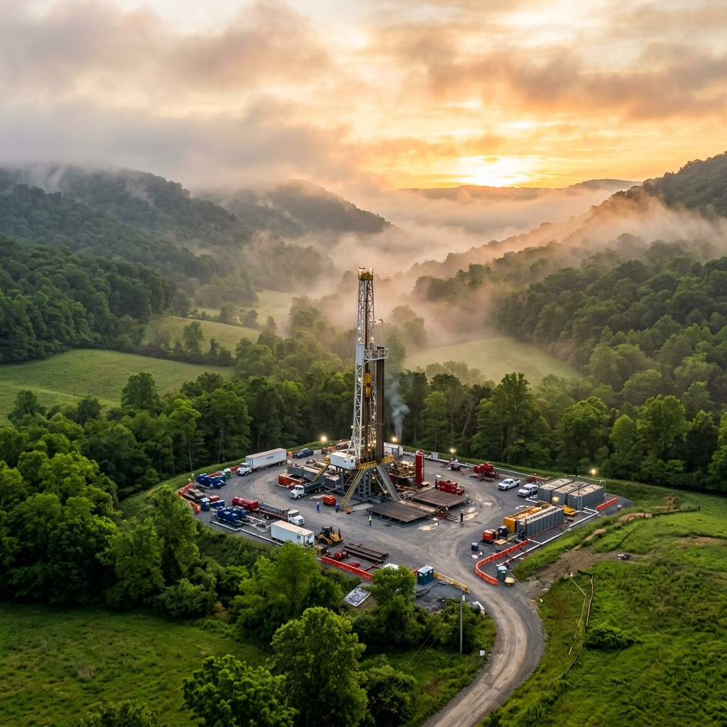 Drilling site operating in a lush green valley at sunrise