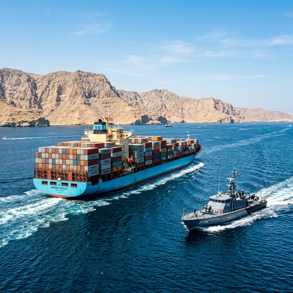 Large cargo vessel escorted in the Strait of Hormuz