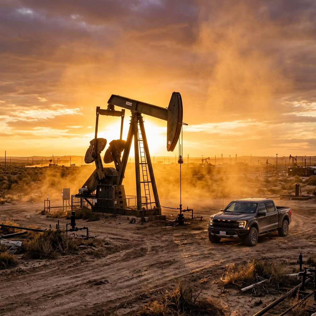 Oil pumpjack in Midland, Texas at sunset