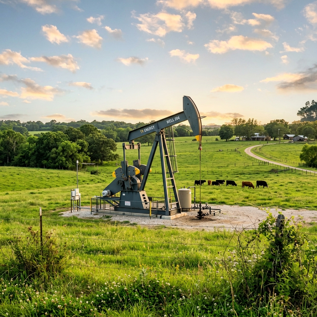 Modern pumpjack operating in East Texas green pasture