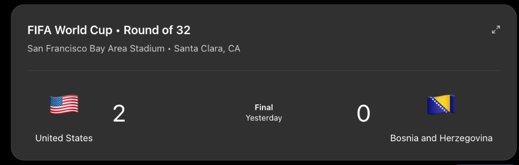 FIFA World Cup Round of 32 USA 2 Bosnia 0