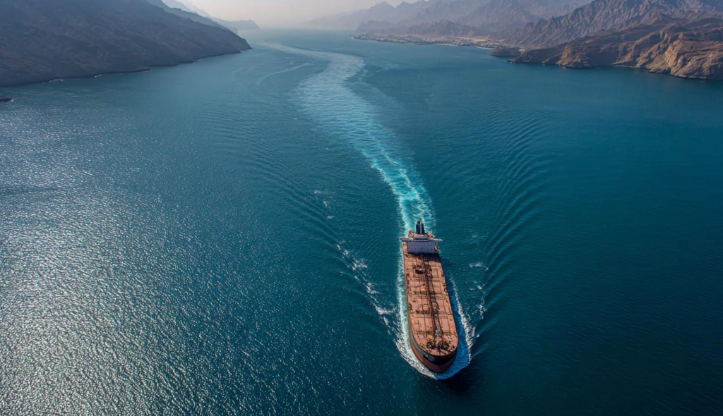 Supertanker cruising in shipping channel