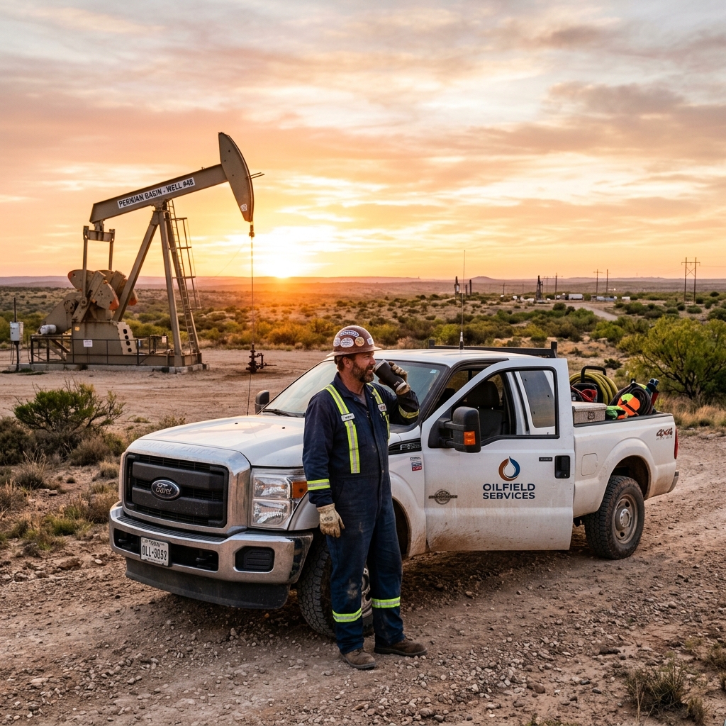Oilfield operator drinking coffee at sunrise in West Texas