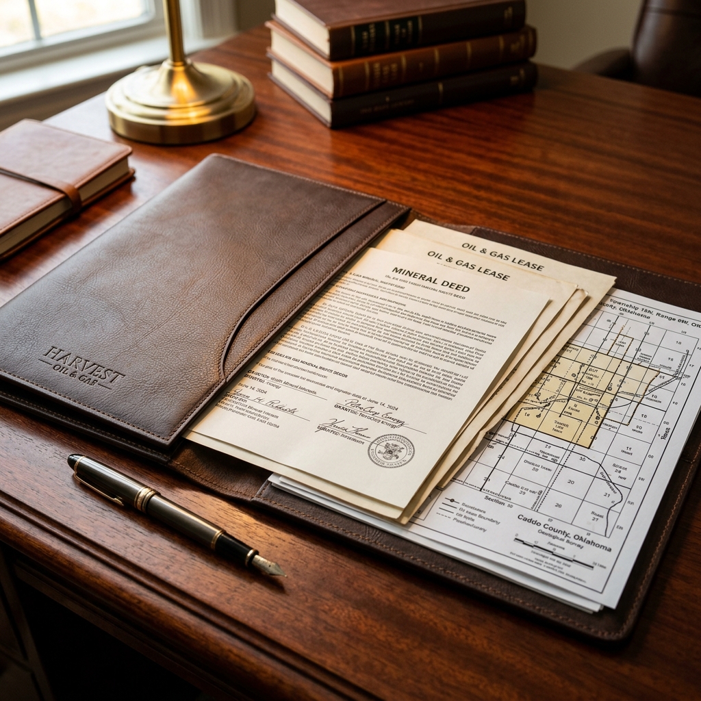 Mineral deed documents and land map on mahogany desk