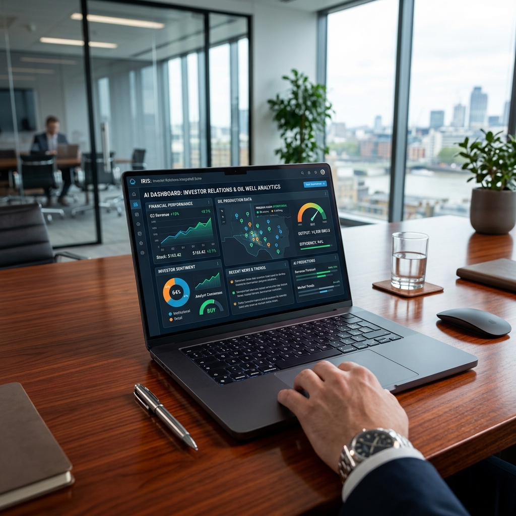 AI Investor Relations & Analytics dashboard on laptop desk
