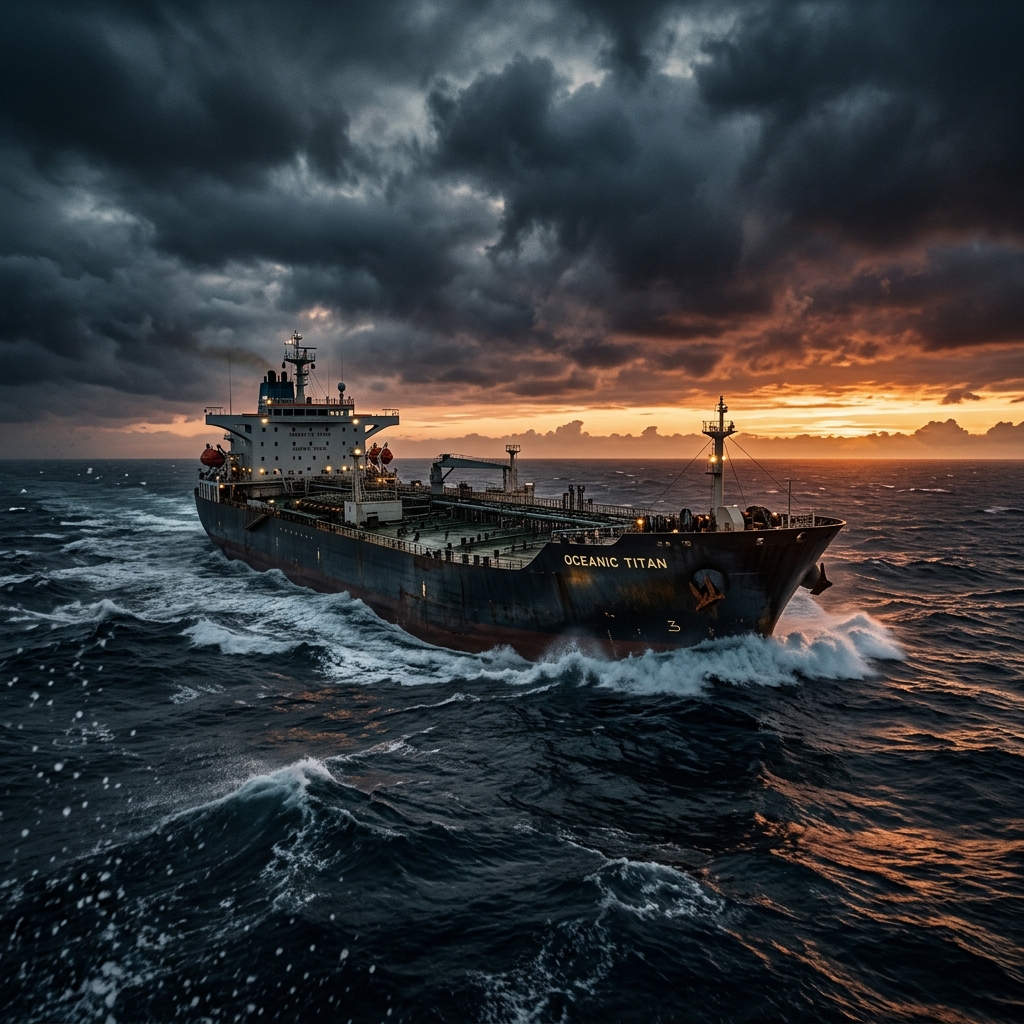 Massive oil tanker navigating deep sea waters at dusk