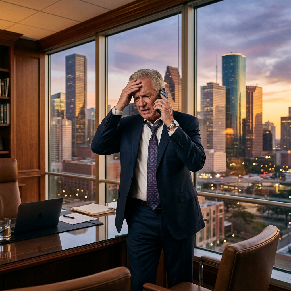 Frustrated legacy broker CEO on his mobile phone in Houston office