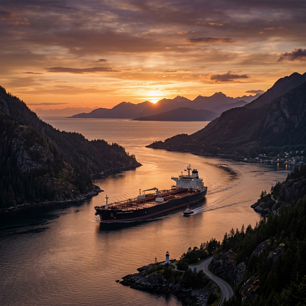 Large oil tanker navigating narrow strait at sunset