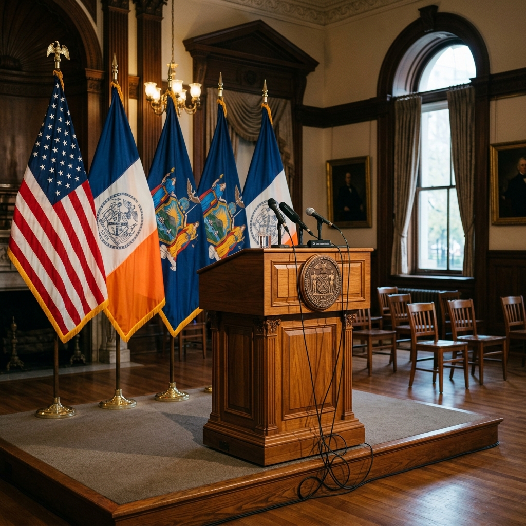 New York City Hall press conference room empty podium and flags