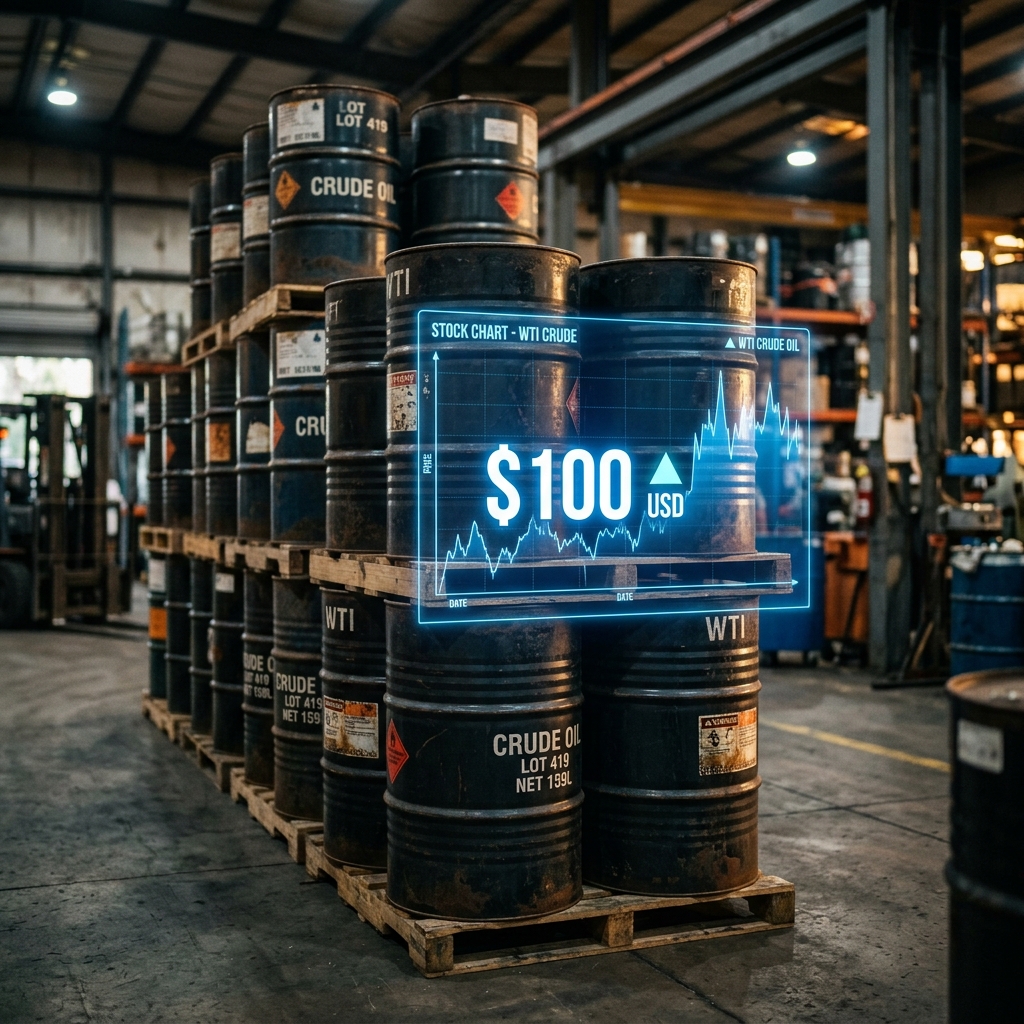 Oil barrels in warehouse with holographic stock chart showing 100
