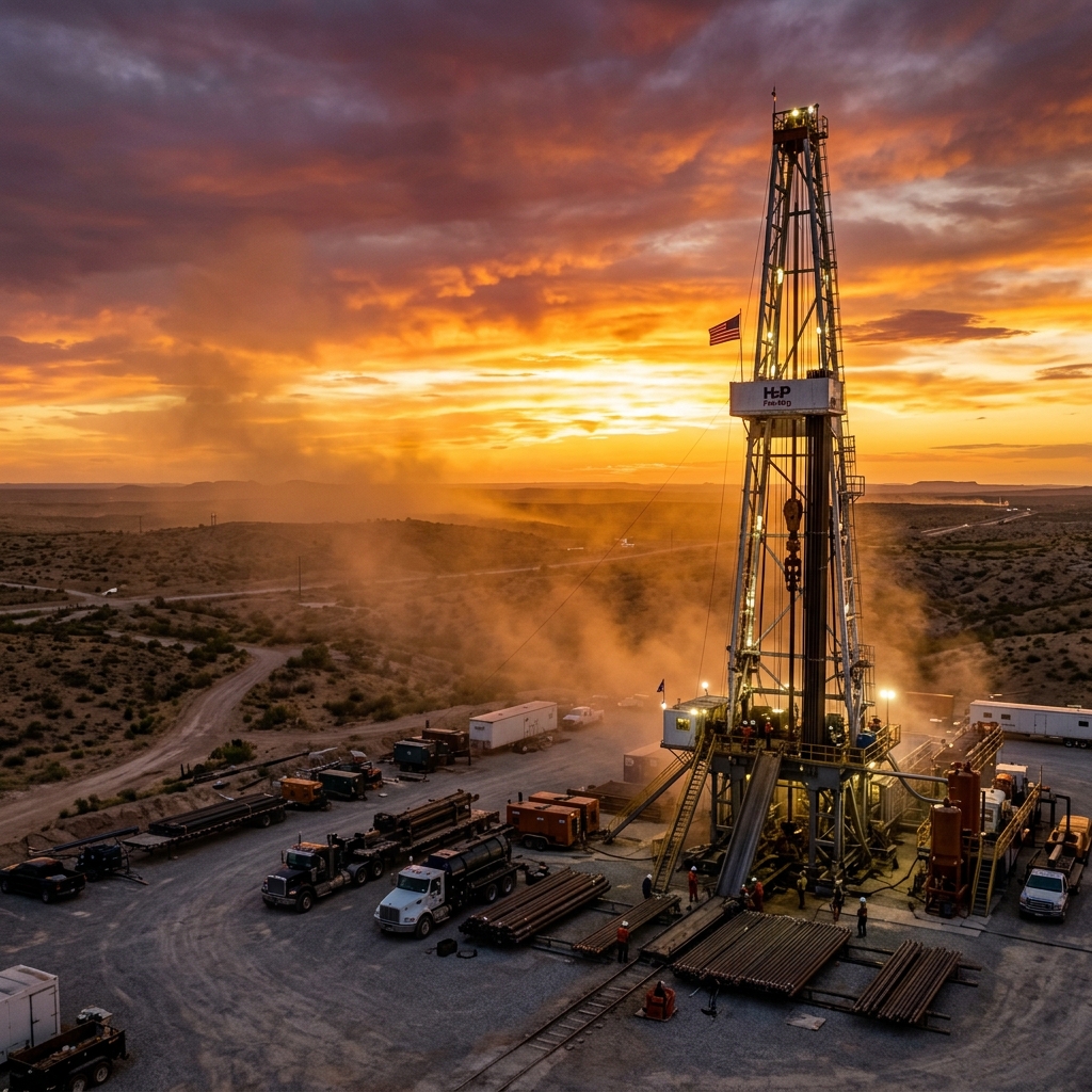 Matador Delaware Basin drilling rig sunset