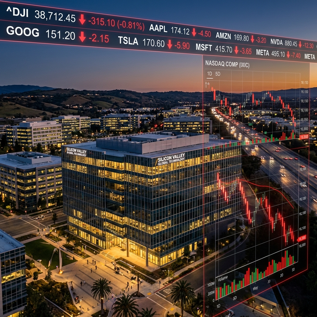 Silicon Valley office glass building at twilight with falling stock price chart ticker