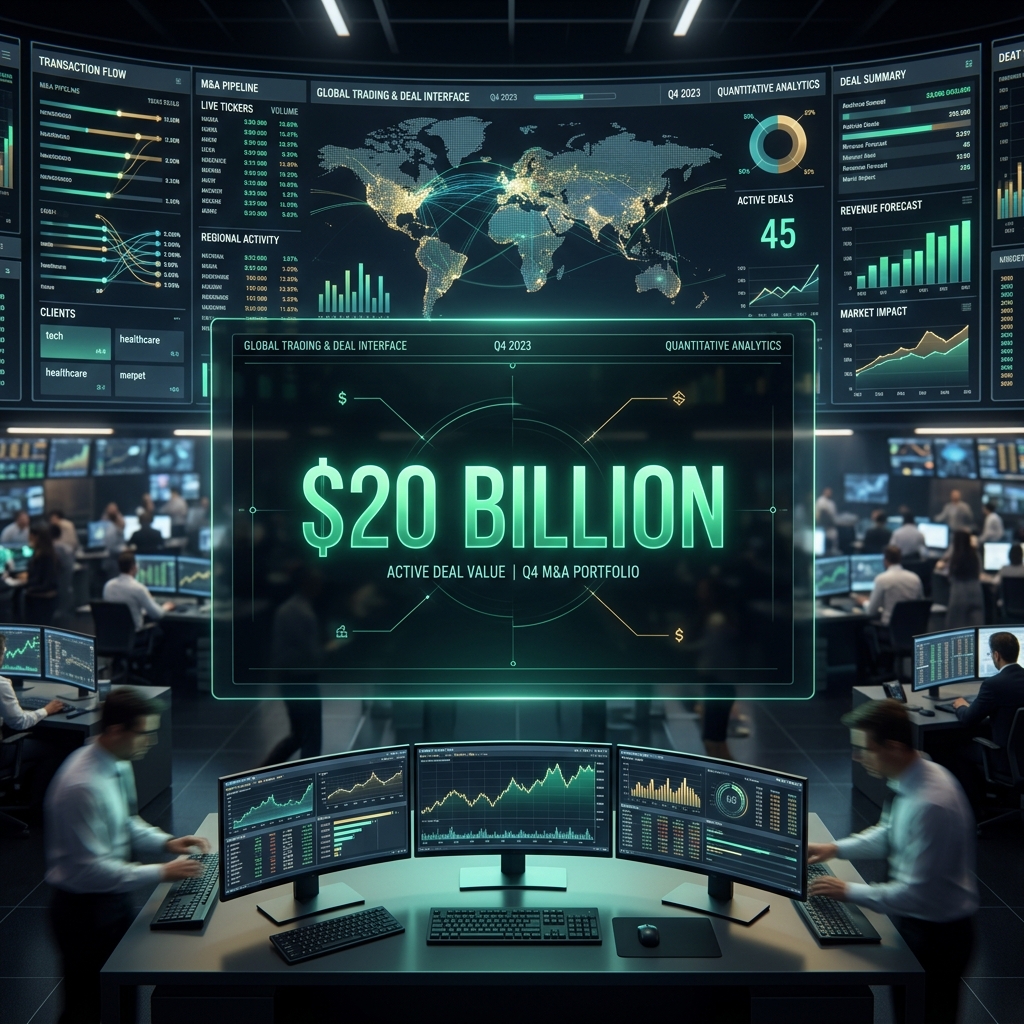 Futuristic digital trading floor deal room displaying 20 Billion