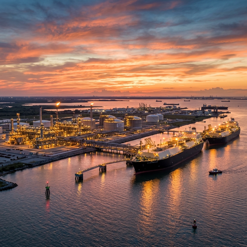 Gulf Coast LNG export terminal at sunset