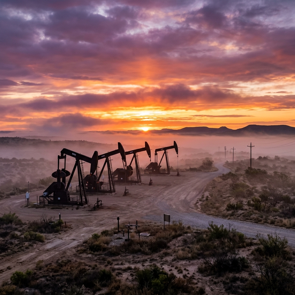 Oil pumpjacks at sunrise in the Permian Basin