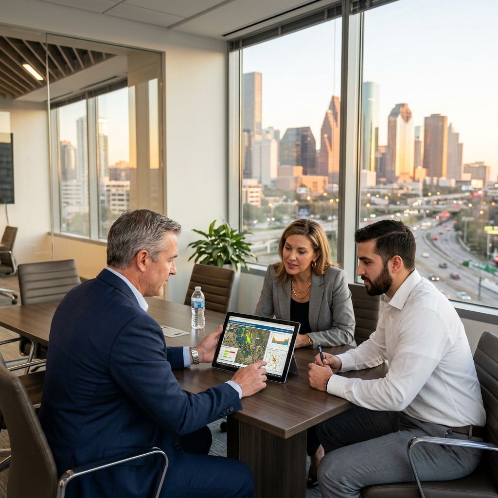 Energy investors reviewing project deals and maps