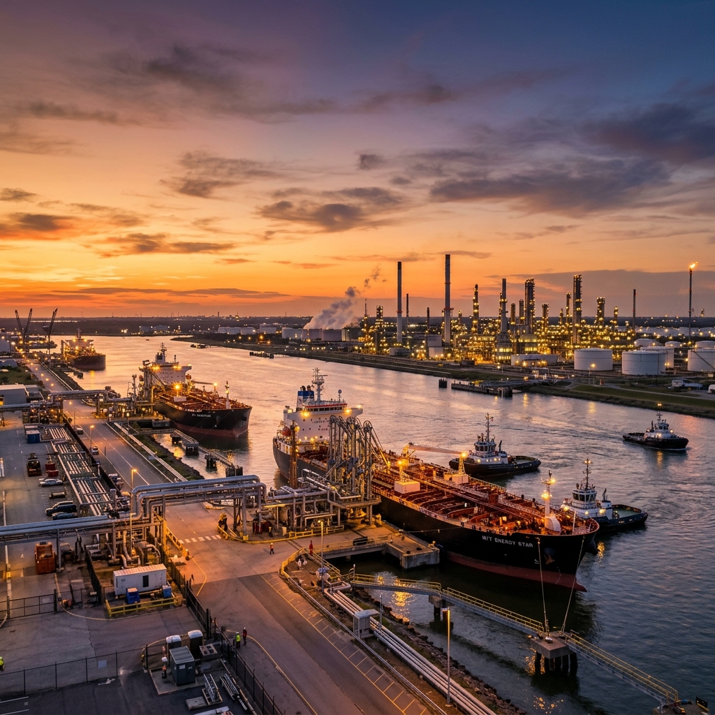 Modern oil export terminal and tankers at dusk