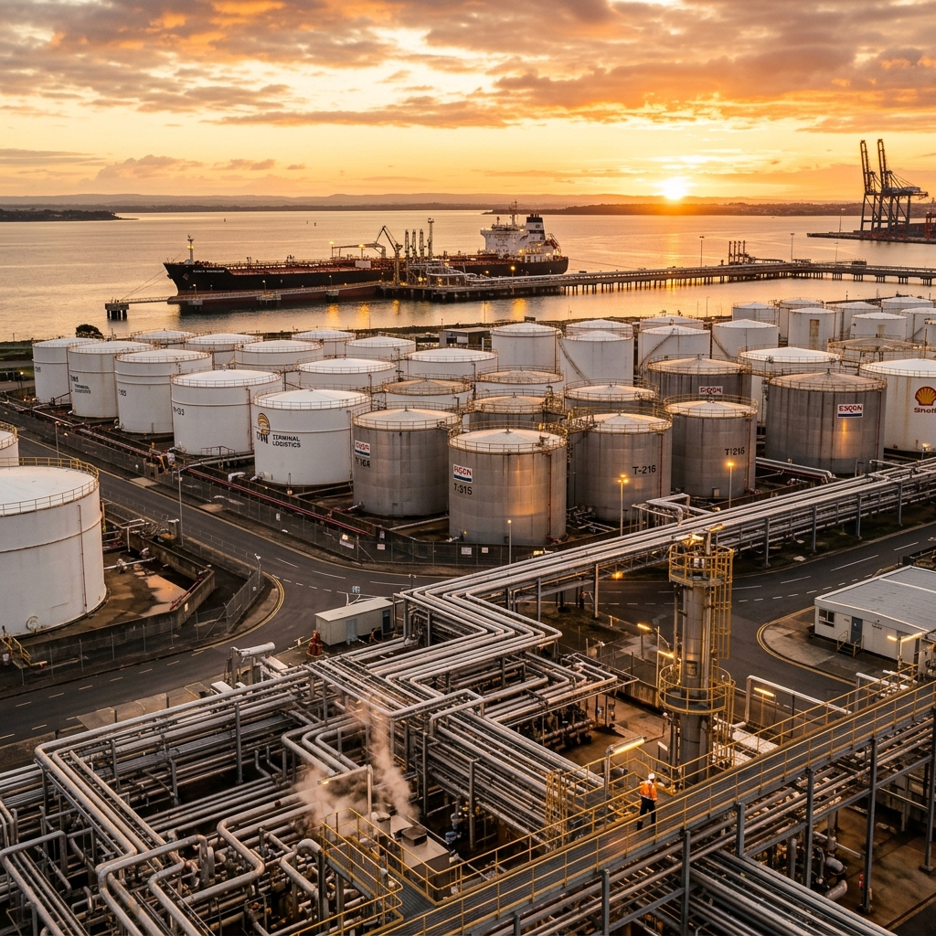 OPEC oil storage tanks and export pipeline terminal at sunrise