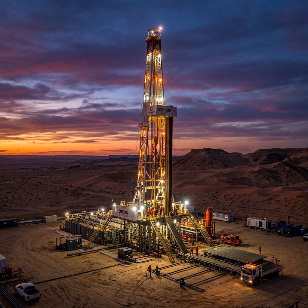 Modern drilling rig in West Texas at dusk