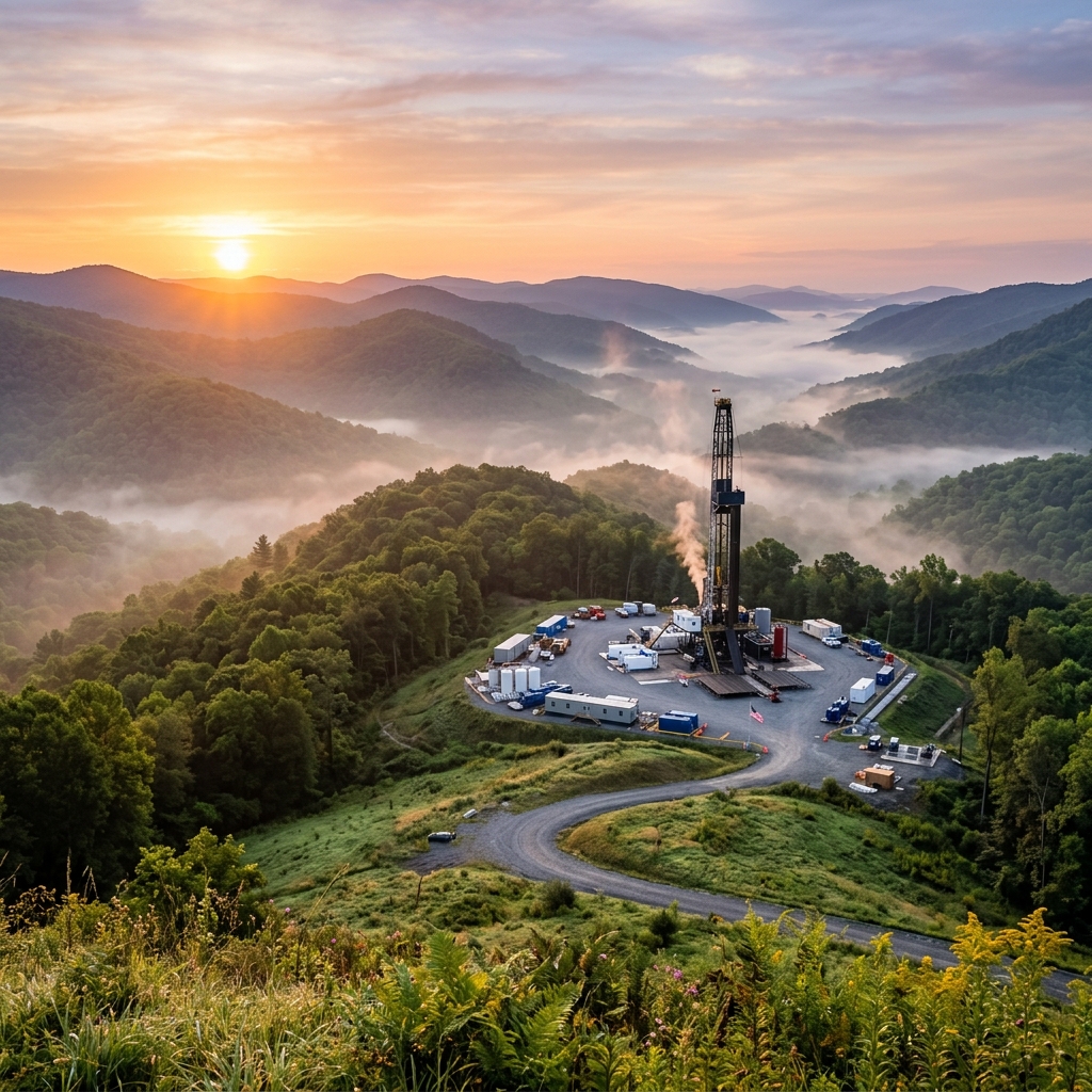 Natural gas drilling site in Appalachian hills at sunrise
