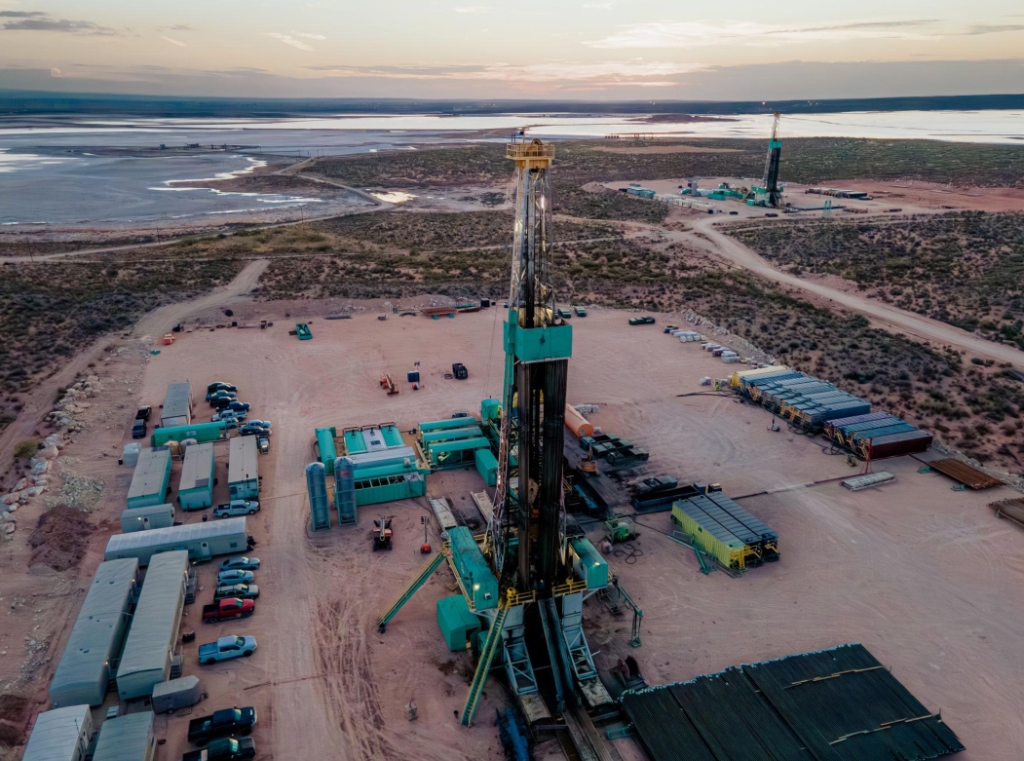 Aerial view of land drilling rig site